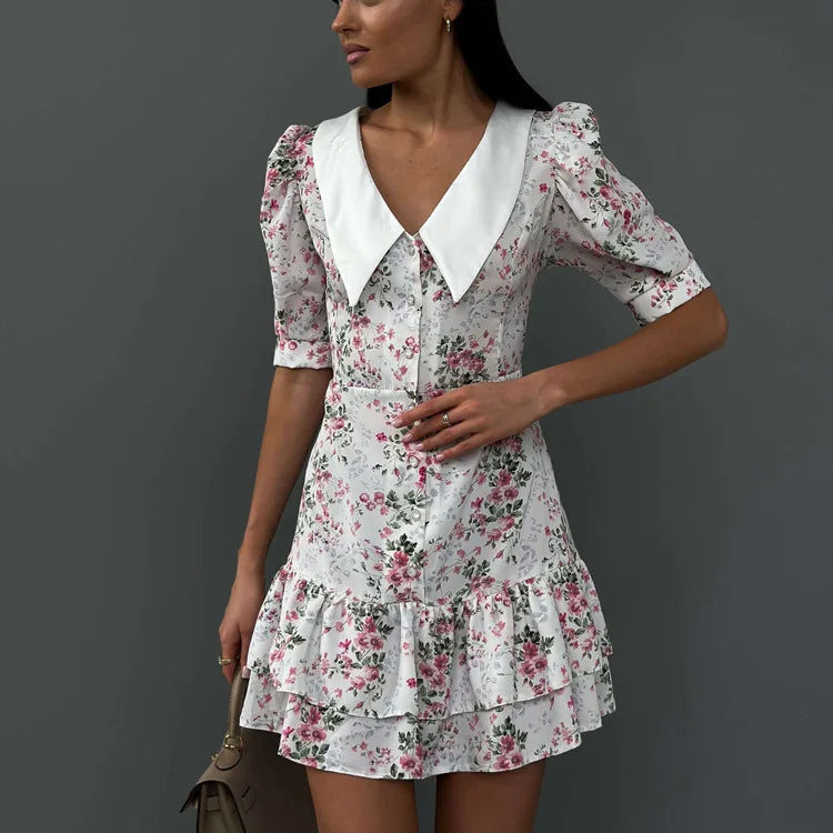 Short Sleeve Floral Mini Dress For Women Robe Turn-down Collar Elegant French Dress Ladies Fashion High Waist Dresses