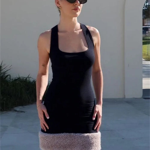 Load image into Gallery viewer, Patchwork Fur Hem Sexy Mini Dress Women Robe Fashion Black Summer New Sleeveless Backless Slim High Waist Sheath Dress
