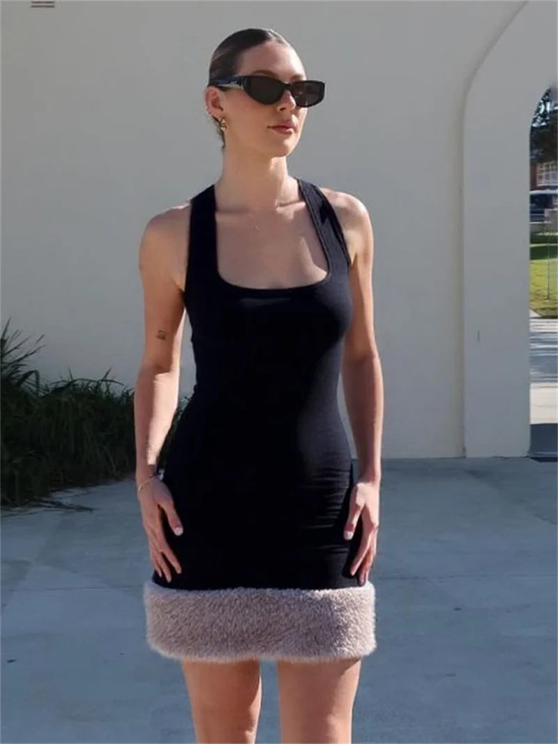 Patchwork Fur Hem Sexy Mini Dress Women Robe Fashion Black Summer New Sleeveless Backless Slim High Waist Sheath Dress