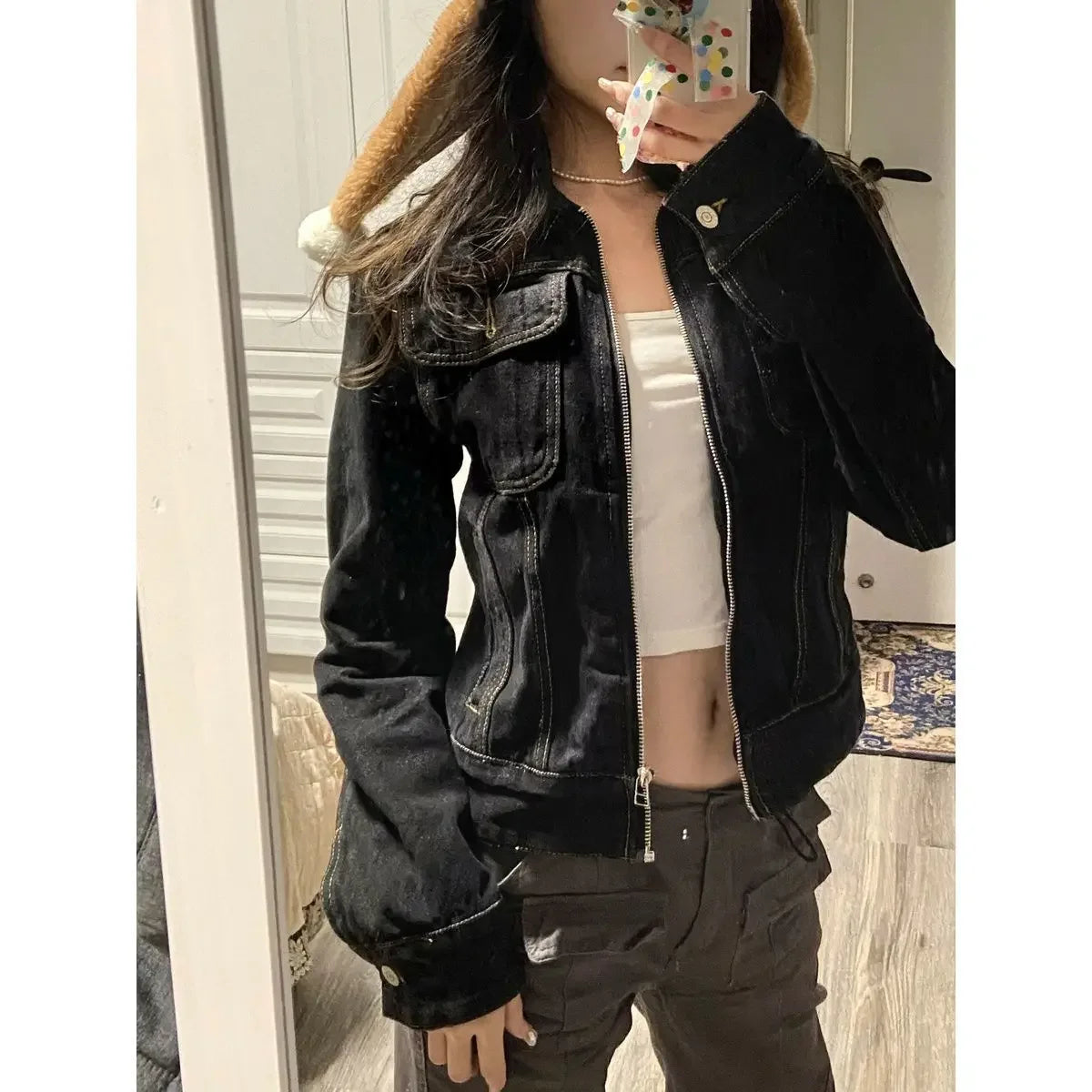 Women Clothing Korean Jean Jackets Vintage Turndown Collar Streetwear Tunic Coats Crop Tops Casual Chic Zipper Y2k Jacket