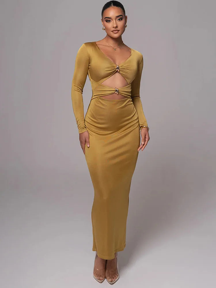Sexy Hollowed Out Long Sleeved Dress Dress For Women Elegant Bodycon Party Club Evening Dress Winter 2025 Female Vestido