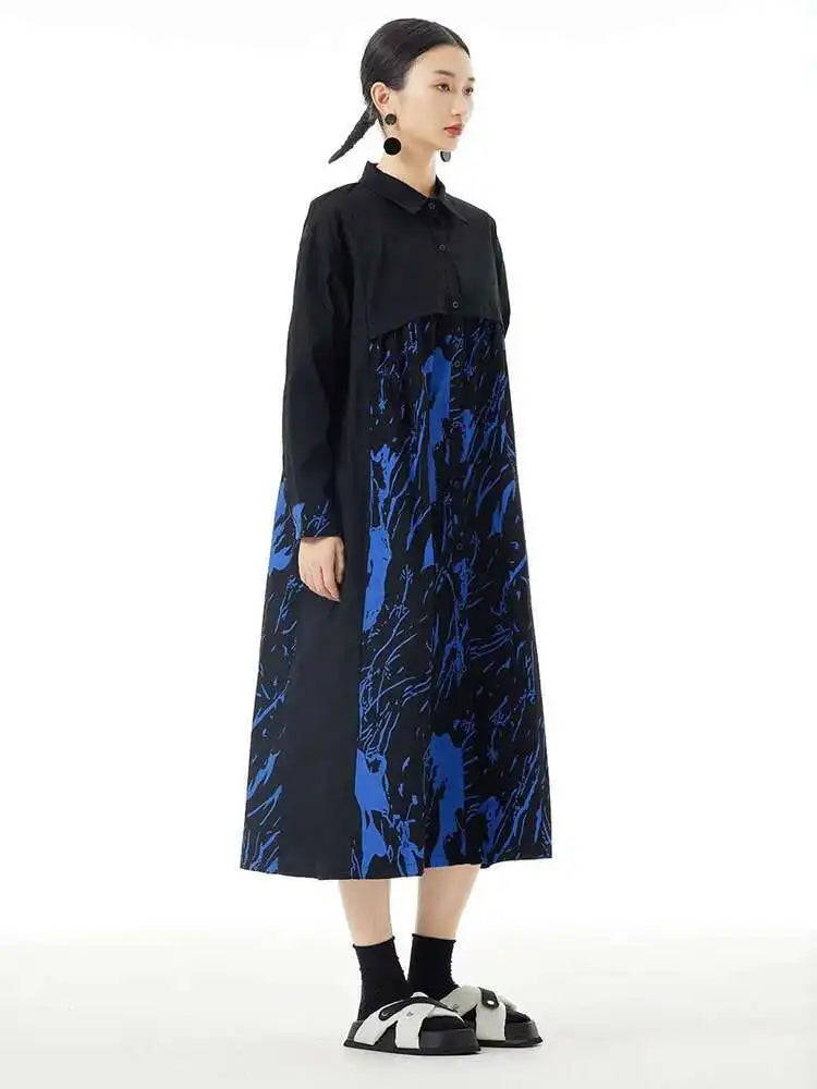 Women White Pattern Printed Big Size Casual Shirt Dress New Lapel Long Sleeve Fashion Tide Spring Autumn 2025 1DH4823