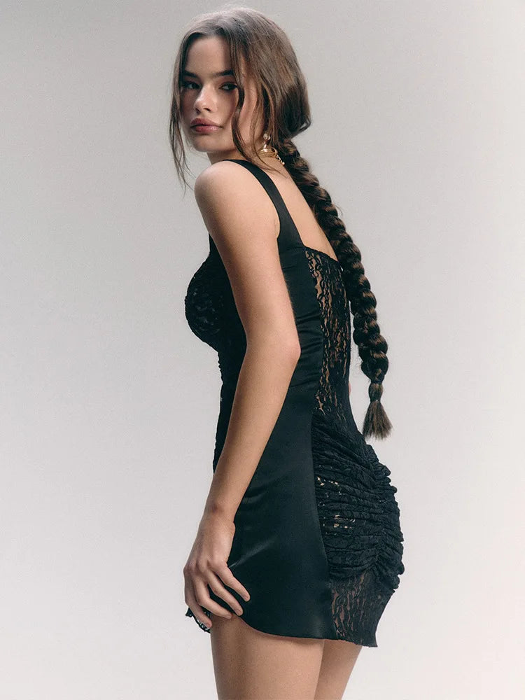 Sexy Lace Camisole Double-layer Dress For Women's Slim Fit Backless Tight Short Skirt Female 2025 Spring Sheer Vestidos