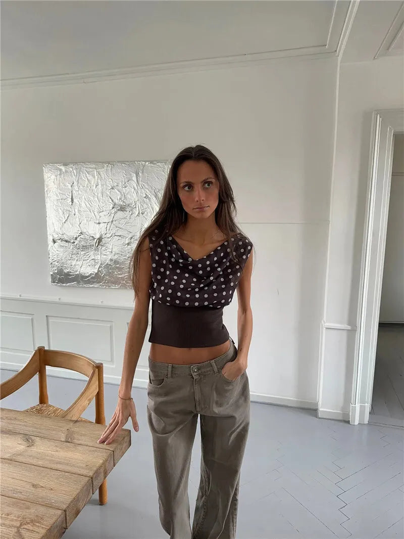 Backless Polka Dot Crop Tops Women Vest Fashion Summer New Oblique Shoulder Sleeveless Tank Tops Pullovers Female
