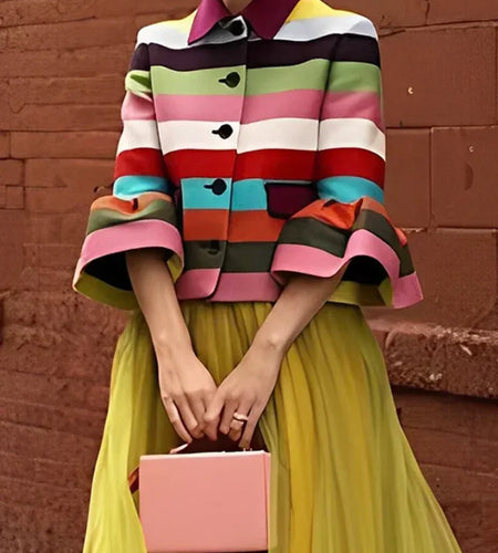 Women Vintage Jacket Flared Sleeves Multi-Colored Striped Lapel Elegant Jackets Spring Autumn Outerwear For Women