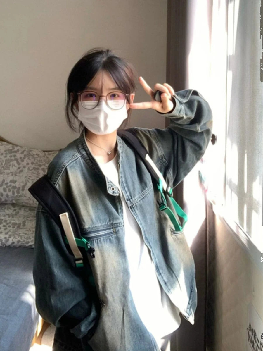 Streetwear Loose Casual Vintage Jeans Coats Cowboy Women Zipper Denim Jackets 2025 Y2k Aesthetic Grunge Fairy Harajuku Tops