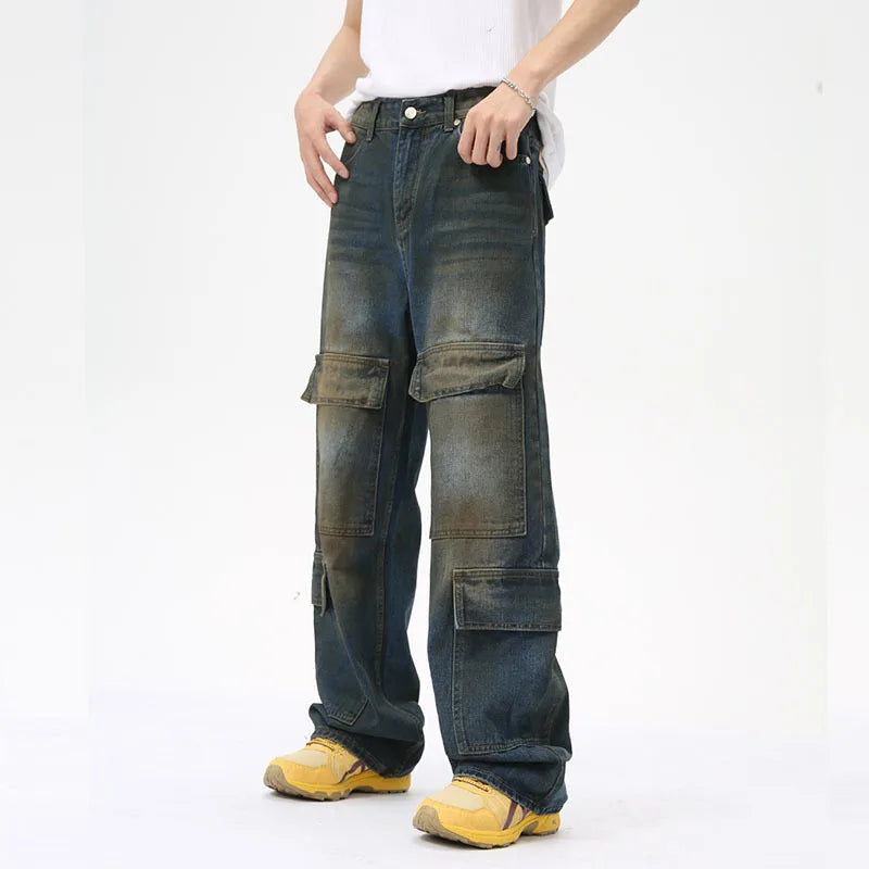 High Street Men's Denim Pants Loose Worn-out Washed Multi-pockets Straight Wide Leg Male Jeans Contrast Color Bottom 9C7029