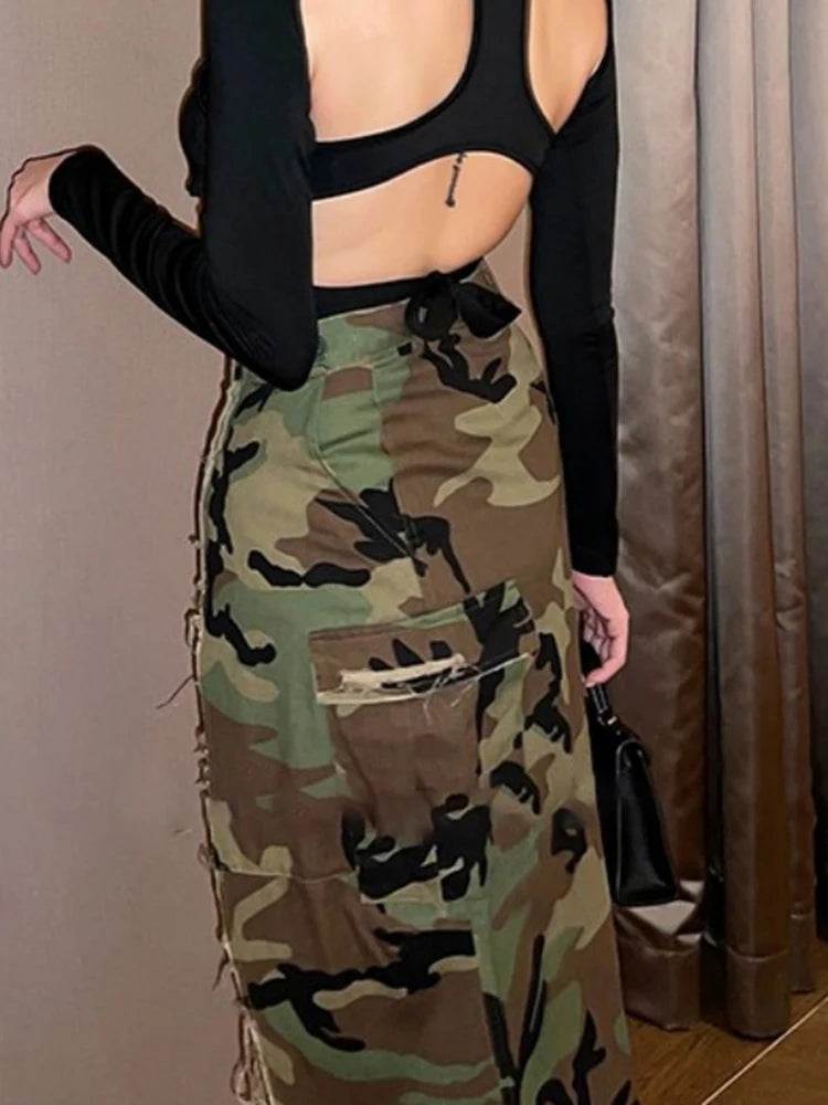Split Summer Skirts For Women High Waist Camouflage Patchwork Button A Line Skirt Female Fashion Clothing