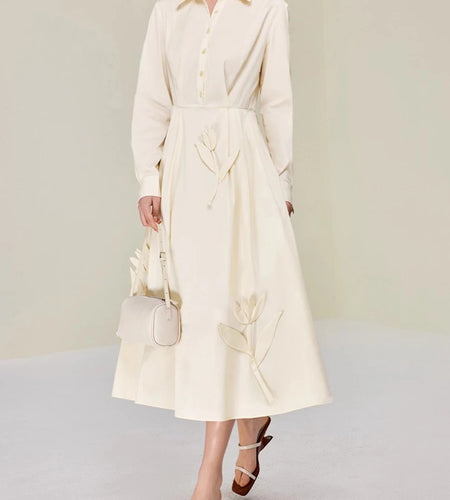 Solid Spliced Appliques Temperament Dress for Women Lapel Long Sleeves High Waist Patchwork Buttons Dresses Female