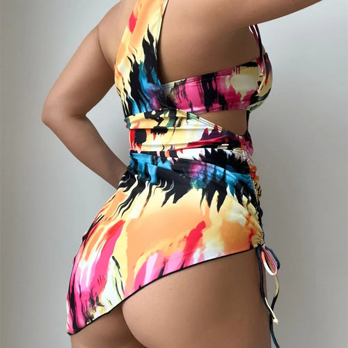 Load image into Gallery viewer, Sexy Colorful Bandeau Three Pieces Swimsuit with Cover Up 2025 Brazilian Swimwear Women Biquini Beachwear
