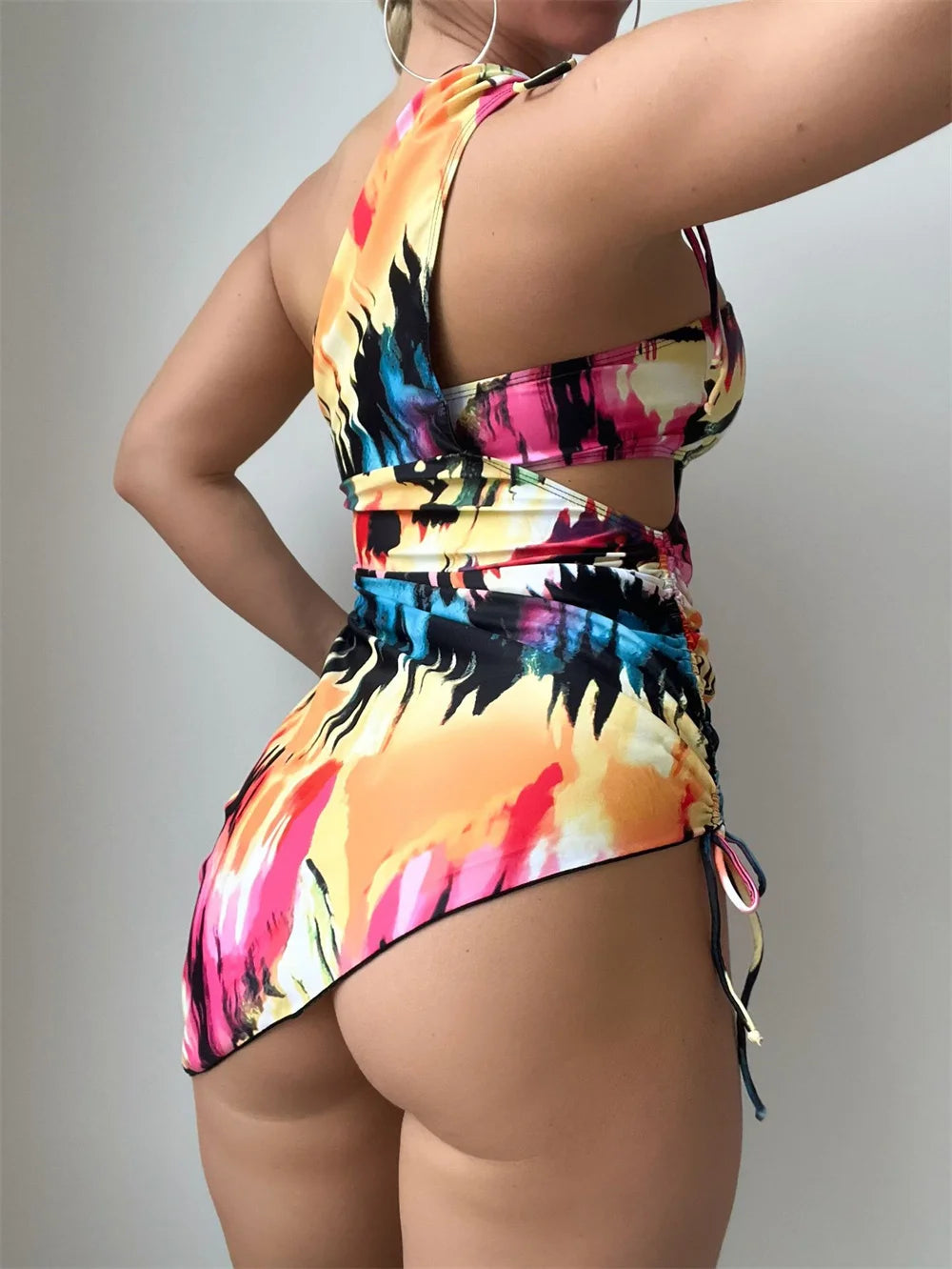 Sexy Colorful Bandeau Three Pieces Swimsuit with Cover Up 2025 Brazilian Swimwear Women Biquini Beachwear