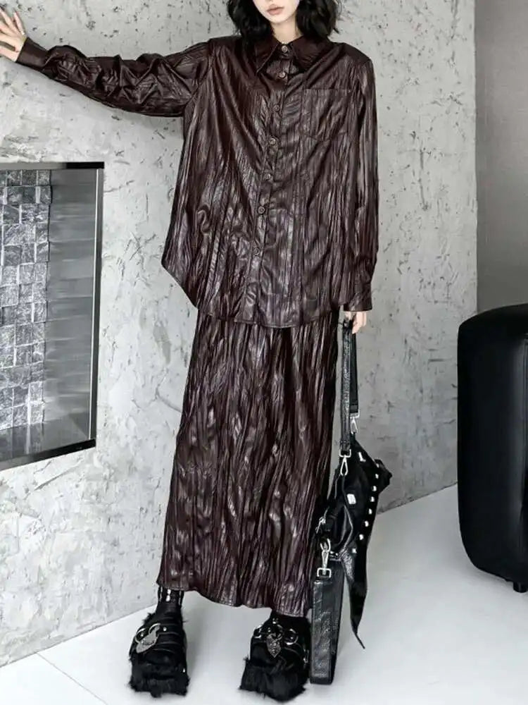 Wine Red Leather Shirt Half-body Skirt Two Pieces Suit New Lapel Long Sleeve Women Fashion Tide Spring Autumn 2025 1DH6880