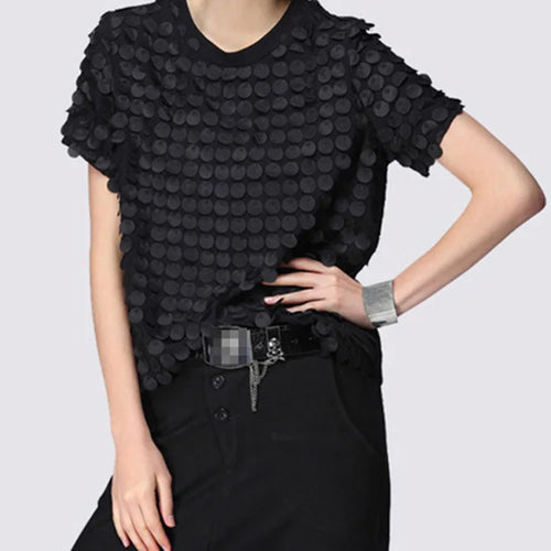 Load image into Gallery viewer, Black Patchwork Sequin T Shirt For Women Round Neck Short Sleeve Casual Loose T Shirts Female Fashion Clothes Style

