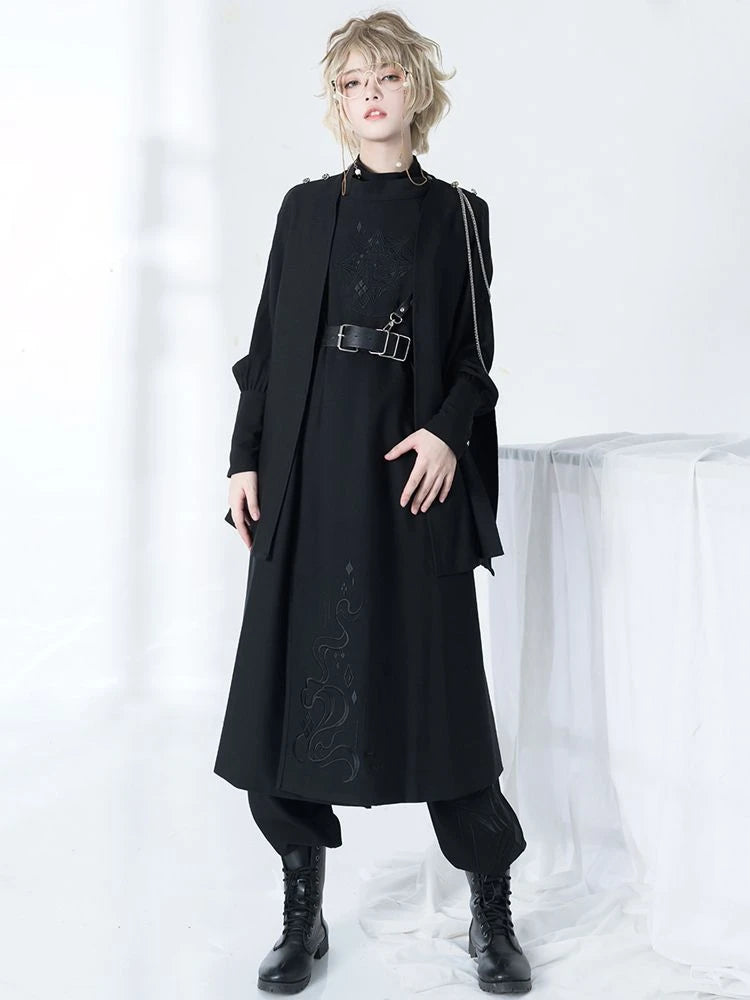 Harajuku Women Black Jackets Gothic Vintage Cloak Coats Y2k Aesthetic Loose Zipper Jacket Streetwear Grunge Sleeveless Split Top