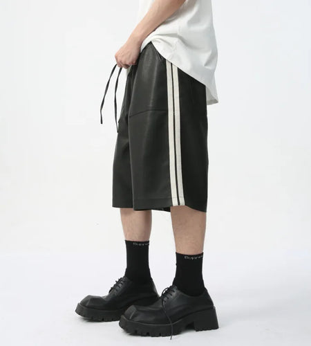 Men's PU Leather Shorts Casual Summer Side White Stripes Fashion Trend Elastic Waist Loose Male Chaparejos 9C5679