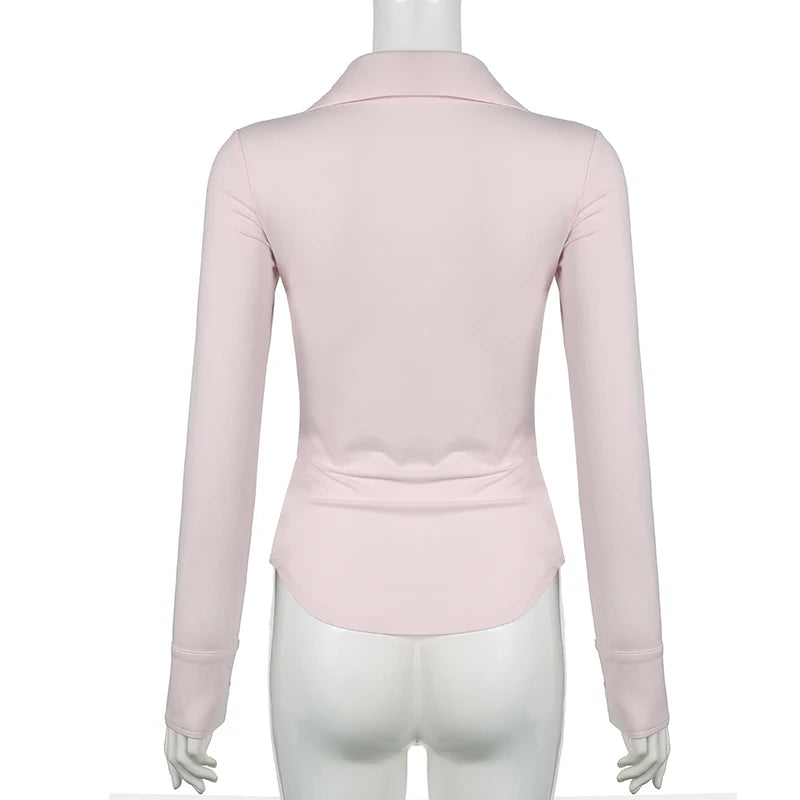 Korean Sweet Elegant Pink Shirt Women Autumn Bodycon Chest Folds Curved Hem Top Blouse Y2K Coquette Aesthetics Trend