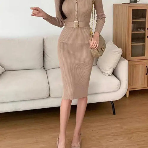 Load image into Gallery viewer, French Women Solid Single Breasted Long Sleeved Midi Dresses Autumn Winter New Temperament Slim Knitted A-line Dress Round Neck
