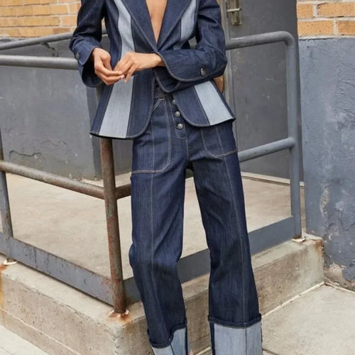 Load image into Gallery viewer, Autumn Winter Women's Denim Coat Contrast Color Split-Joint Deep V-Neck Classic Jean Jacket Outerwear for Female
