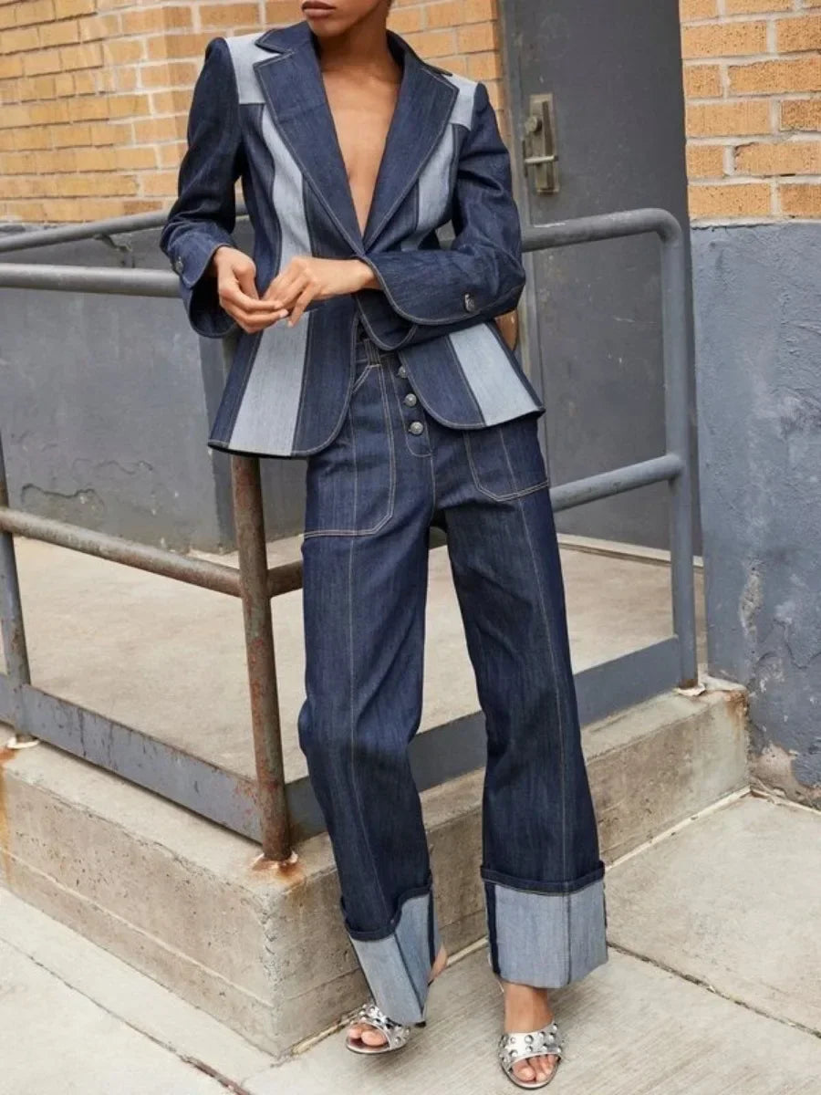 Autumn Winter Women's Denim Coat Contrast Color Split-Joint Deep V-Neck Classic Jean Jacket Outerwear for Female