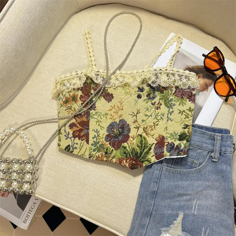 Retro Lace Painting Flower Print Tank Tops Summer Camisole Women's Elegant Slim Asymmetrical Short Slip Vest Sexy Club Y2k Boho
