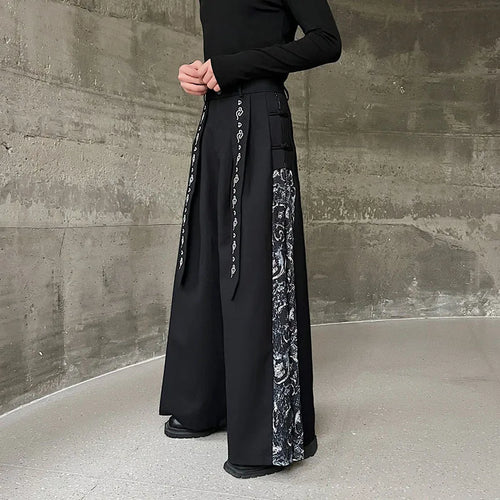 Load image into Gallery viewer, Chinese Style Embroidered Ribbon Skirt Pant Personality Men Patchwork Wide Leg Casual Trousers Fashion Versatile 9C3118
