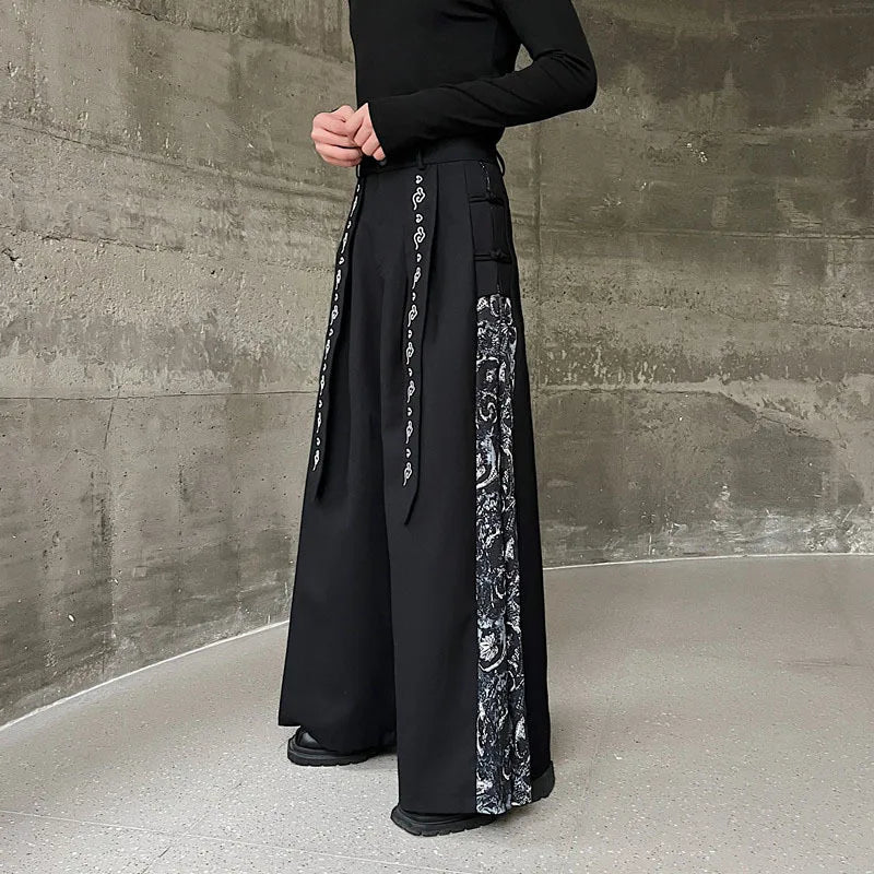 Chinese Style Embroidered Ribbon Skirt Pant Personality Men Patchwork Wide Leg Casual Trousers Fashion Versatile 9C3118