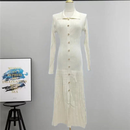 Load image into Gallery viewer, Autumn Winter Solid Elegant Office Lady Knitted Dress Women Slim Long Sleelve Single Breasted Dresses Fashion Simplicity Fashion
