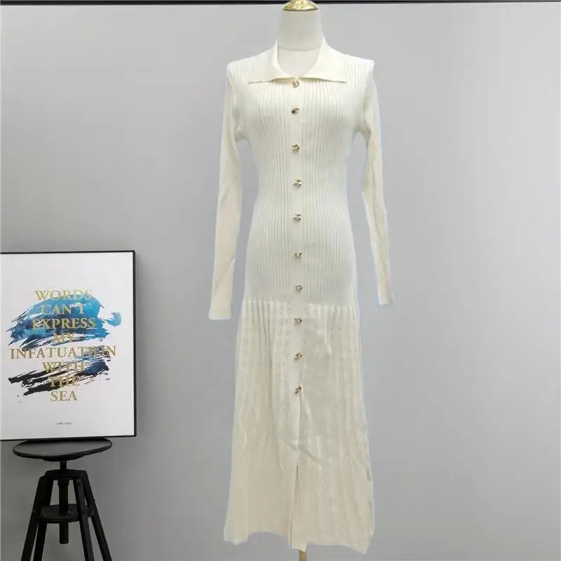 Autumn Winter Solid Elegant Office Lady Knitted Dress Women Slim Long Sleelve Single Breasted Dresses Fashion Simplicity Fashion