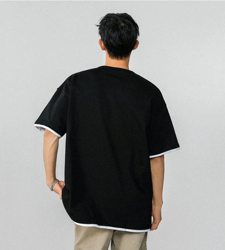 Fake Two-piece Men's T-shirt Summer New Trendy Solid Color Tees Half Sleeves Round-collar Loose Male T-shirts 2025 9W1295