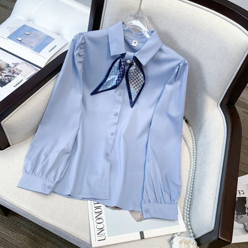 Load image into Gallery viewer, Spring Blue Versatile Blouse White Fashion Women Elegant Tops Casual Ladies Beige Long Sleeve Single Breasted Shirt Popular Chic
