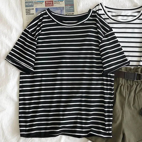 Load image into Gallery viewer, Harajuku Short Sleeve Korean O-Neck Casual Fashion Shirt Camiseta Feminina Tops T Shirt Women Solid Color Striped Punk T-shirt
