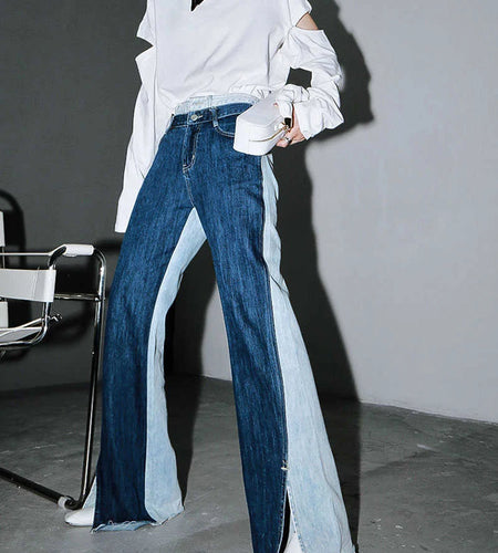 Blue Contrast Color Split Joint Long Wide Leg Jeans New High Waist Loose Women Trousers Fashion Spring Autumn 2025 1T276