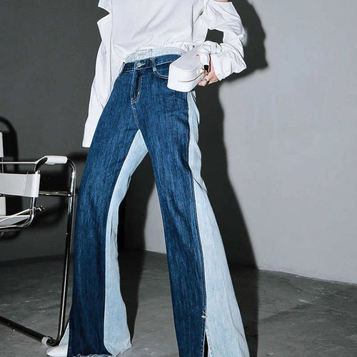 Load image into Gallery viewer, Blue Contrast Color Split Joint Long Wide Leg Jeans New High Waist Loose Women Trousers Fashion Spring Autumn 2025 1T276
