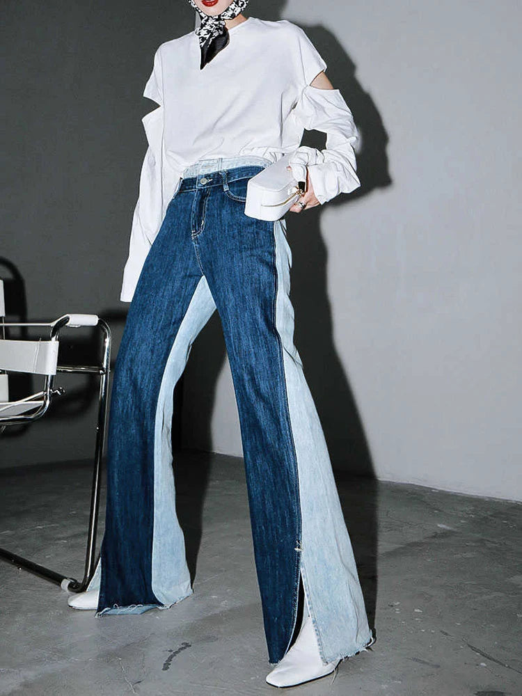 Blue Contrast Color Split Joint Long Wide Leg Jeans New High Waist Loose Women Trousers Fashion Spring Autumn 2025 1T276