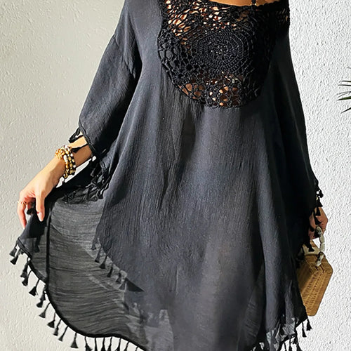 Load image into Gallery viewer, Fringe Tassel Embroidery Half Sleeve Tunic Beach Cover Up Cover-ups Long Beach Dress Beach Wear Beachwear Female Women V5328
