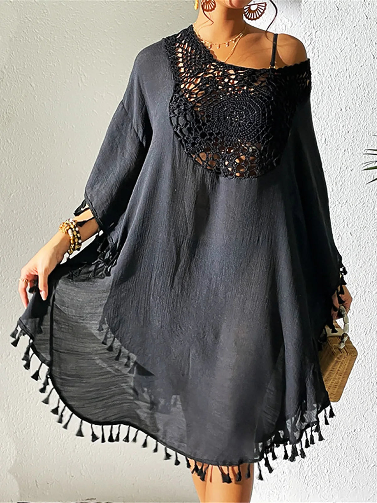 Fringe Tassel Embroidery Half Sleeve Tunic Beach Cover Up Cover-ups Long Beach Dress Beach Wear Beachwear Female Women V5328