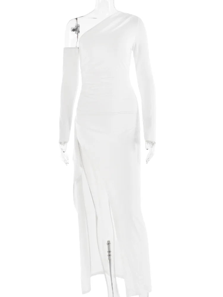 Autumn Sexy Fashion Long Sleeve High Split Women's Dress Oblique Shoulder Elegant Party Club Long Slim Fit Evening Dress