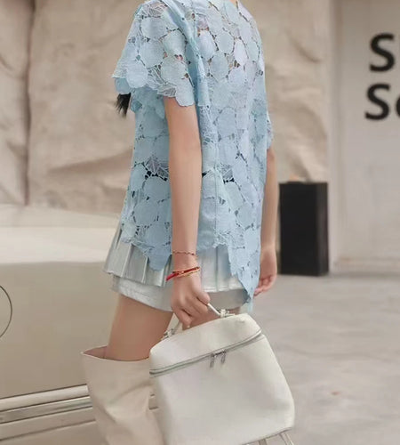 Solid Hollow Out Loose T Shirts For Women O Neck Short Sleeve Minimalist Temperament T Shirts Female Fashion Style