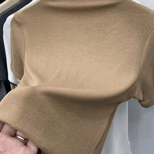 Load image into Gallery viewer, Threaded Short Sleeves Women T-shirts Summer New 2025 Turtleneck Solid Slim Elastic Long-sleeved Female Buttoming Pulls Top Tees
