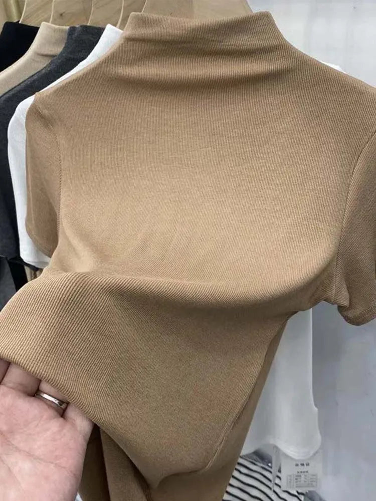 Threaded Short Sleeves Women T-shirts Summer New 2025 Turtleneck Solid Slim Elastic Long-sleeved Female Buttoming Pulls Top Tees