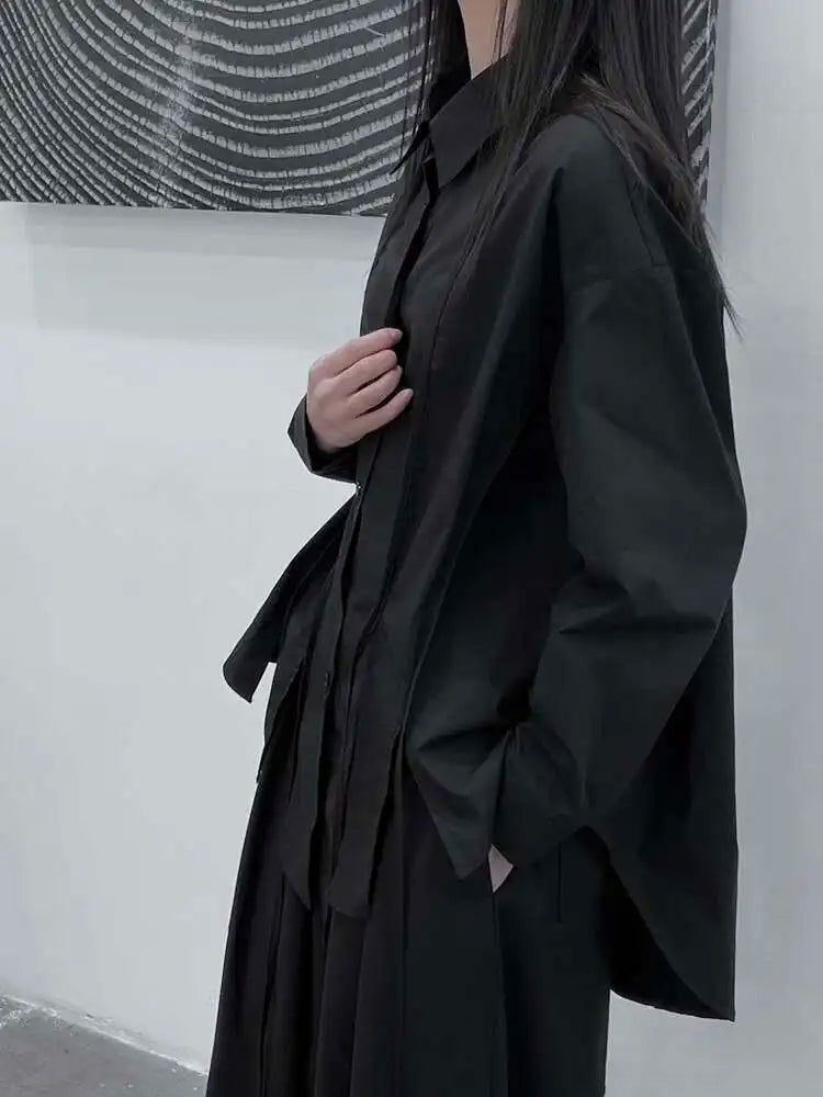 Women Black Irregular Slit Hem Big Size Casual Blouse New Lapel Long Sleeve Shirt Fashion Tide Spring Autumn 2025 1DH5095