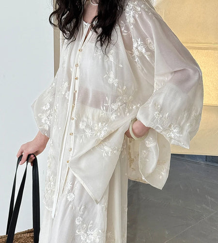 Apricot Shirt Embroidery Thin Skirt Two Pieces Suit New V-Neck Long Sleeve Women Fashion Tide Spring Summer 2025 1DJ1241