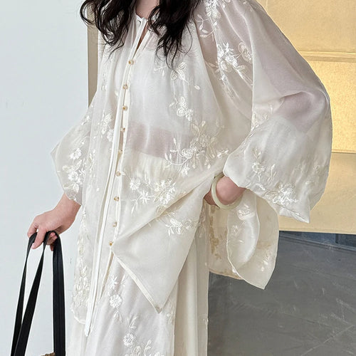 Load image into Gallery viewer, Apricot Shirt Embroidery Thin Skirt Two Pieces Suit New V-Neck Long Sleeve Women Fashion Tide Spring Summer 2025 1DJ1241
