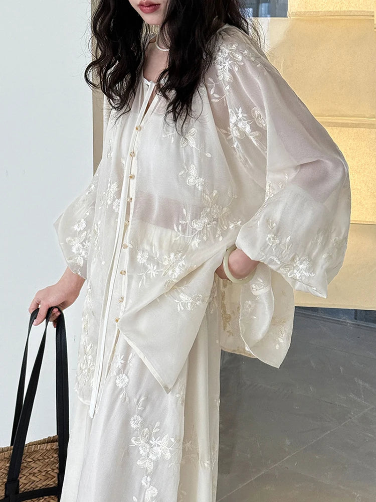 Apricot Shirt Embroidery Thin Skirt Two Pieces Suit New V-Neck Long Sleeve Women Fashion Tide Spring Summer 2025 1DJ1241