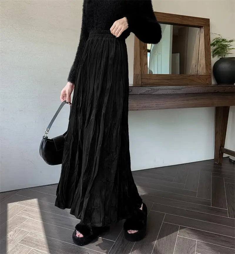 Autumn Winter Women's Black Red Elastic High Waist Velvet Skirt Korean Version Brown Elegant Vacation Party Pleated Long Skirts