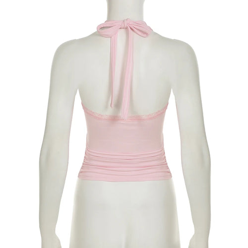 Load image into Gallery viewer, Y2K Sweety Pink Floral Embroidery With Bow Halter Camisole Women Backless Slimming Cropped Tops Summer Hottie Clothes
