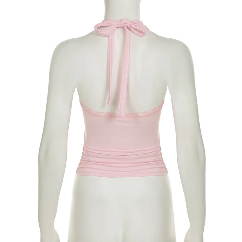 Y2K Sweety Pink Floral Embroidery With Bow Halter Camisole Women Backless Slimming Cropped Tops Summer Hottie Clothes