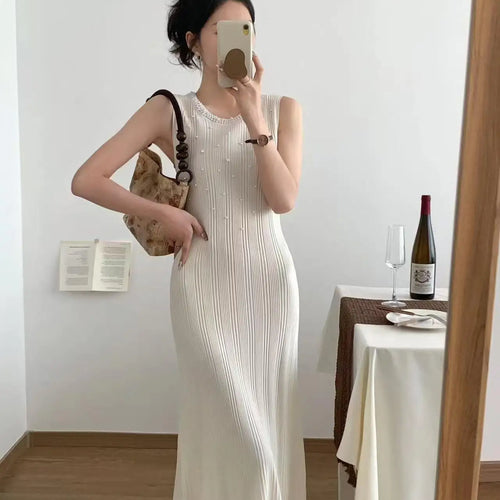 Load image into Gallery viewer, Korean Solid Pearl Elegant Round Neck Slim Vest Long Dresses For Women Sleeveless Fashion Sexy Knitted Dress Summer 2025 Popular

