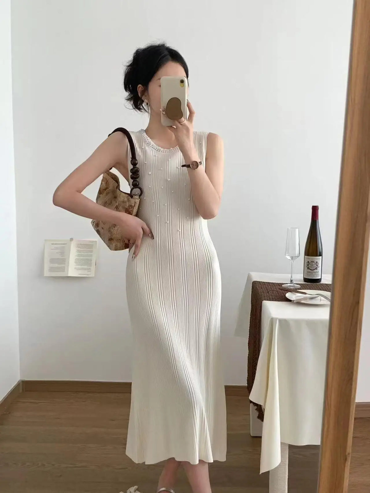 Korean Solid Pearl Elegant Round Neck Slim Vest Long Dresses For Women Sleeveless Fashion Sexy Knitted Dress Summer 2025 Popular