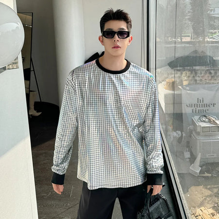 Korean Men's Round Collar T-shirt Fashion Bright Face Design Plaid Trend Long Sleeve T-shirts Pullover Top Trend 9C5122